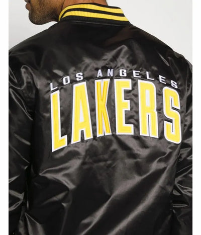 Los Angeles Lakers Wordmark Full-Snap Varsity Black Satin Men's Bomber Jacket
