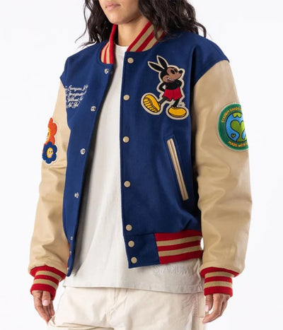 Mickey Mouse Ozzy Rello Blue Wool & Beige Genuine Leather Sleeves Men's Letterman Varsity Jacket