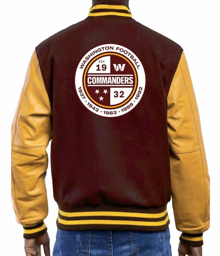 Washington Commanders Brown Wool & Yellow Genuine Leather Sleeves Men's Varsity Letterman Jacket