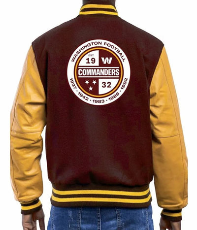 Washington Commanders Brown Wool & Yellow Genuine Leather Sleeves Men's Varsity Letterman Jacket