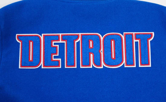 Detroit Pistons Mashup Varsity Royal Blue Wool and White Genuine Leather Sleeves Men's Bomber Jacket