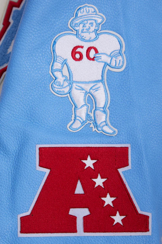 Houston Oilers Retro Classic Off-White Wool and Light Blue Genuine Leather Sleeves Men's Varsity Letterman Jacket