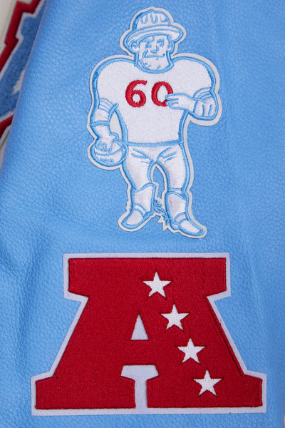 Houston Oilers Retro Classic Off-White Wool and Light Blue Genuine Leather Sleeves Men's Varsity Letterman Jacket