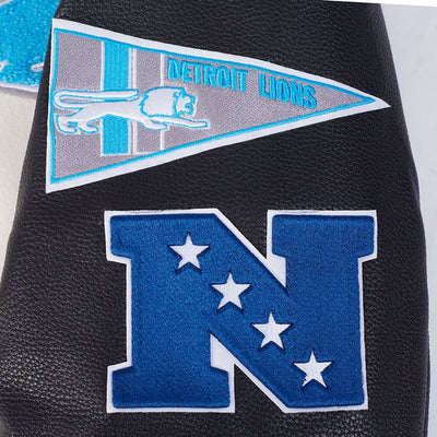 Detroit Lions Off White Wool & Black Genuine Leather Sleeves Men's Varsity Jacket