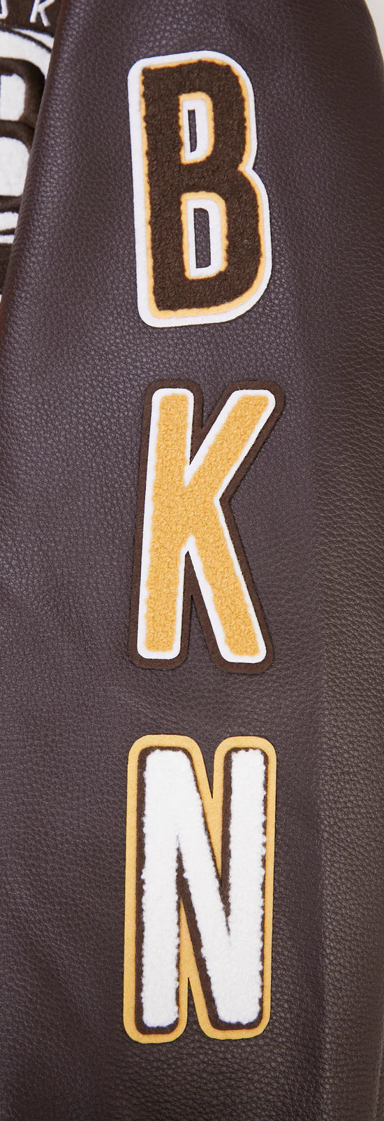 Brooklyn Nets NBA Orange Wool & Brown Genuine Leather Sleeves Men's Varsity Letterman Jacket