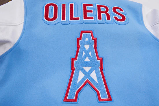 Houston Oilers Sky Blue Wool and White Genuine Leather Sleeves Men's Varsity Letterman Jacket