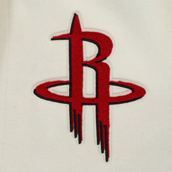 Houston Rockets Retro Classic Rib Varsity Off-White Wool & Red Genuine Leather Sleeves Men's Bomber Jacket
