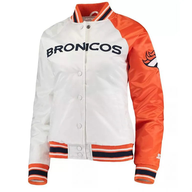 Denver Broncos Hometown Full-Snap Varsity White and Orange Satin Men's Bomber Jacket