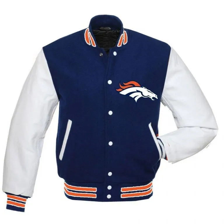 Denver Broncos Blue Wool & White Genuine Leather Sleeves Men's Varsity Jacket