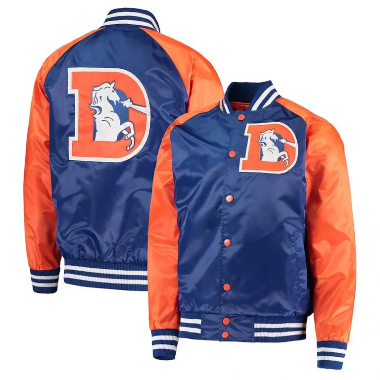 Denver Broncos Lead-Off Full-Snap Varsity Orange/Royal Blue Satin Men's Bomber Jacket