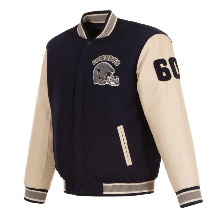 Dallas Cowboys Navy Blue Wool & Cream Genuine Leather Sleeves Men's Varsity Jacket
