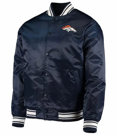 Denver Broncos Locker Room Full-Snap Varsity Navy Blue Satin Men's Bomber Jacket