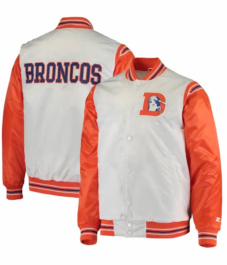 Denver Broncos Full-Snap Varsity White and Orange Satin Men's Bomber Jacket