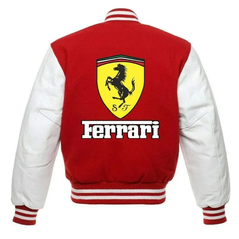 Ferrari Red Wool & White Genuine Leather Sleeves Men's Letterman Varsity Jacket