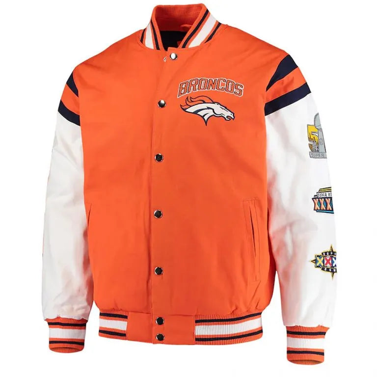 Denver Broncos Home Team Full-Snap Varsity Orange and White Satin Men's Bomber Jacket
