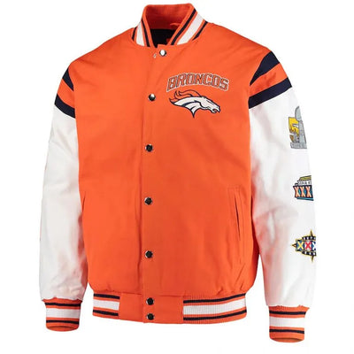 Denver Broncos Home Team Full-Snap Varsity Orange and White Satin Men's Bomber Jacket