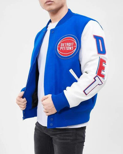 Detroit Pistons Mashup Varsity Royal Blue Wool and White Genuine Leather Sleeves Men's Bomber Jacket