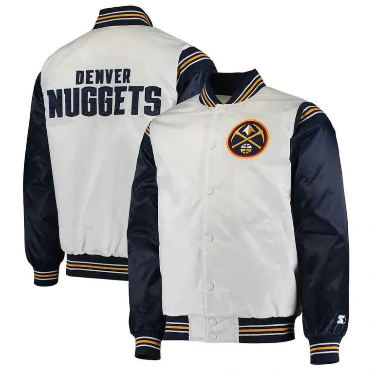 Denver Broncos Renegade Full-Snap Varsity White/Navy Satin Men's Bomber Jacket
