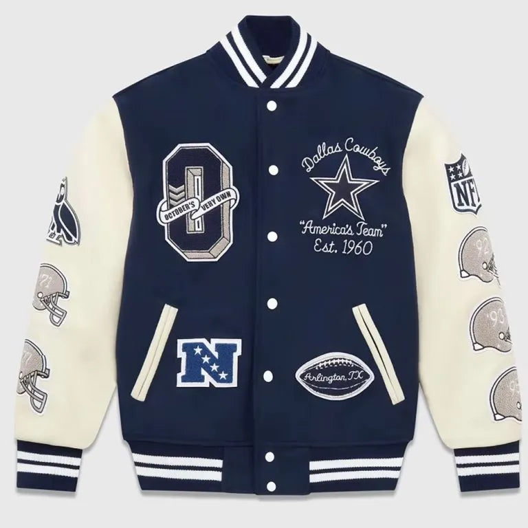 Dallas Cowboys OVO Navy Blue Wool & White Genuine Leather Sleeves Men's Varsity Jacket