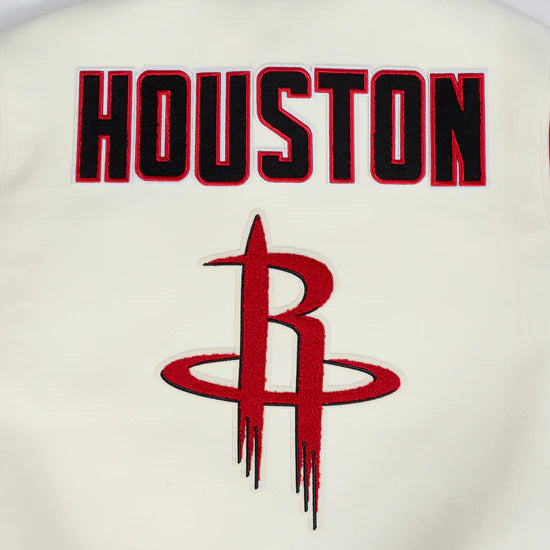 Houston Rockets Retro Classic Rib Varsity Off-White Wool & Red Genuine Leather Sleeves Men's Bomber Jacket