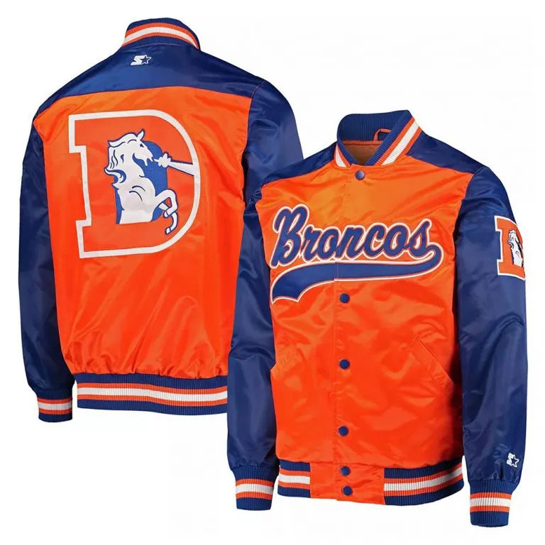 Denver Broncos Full-Snap Varsity Blue and Orange Satin Men's Bomber Jacket