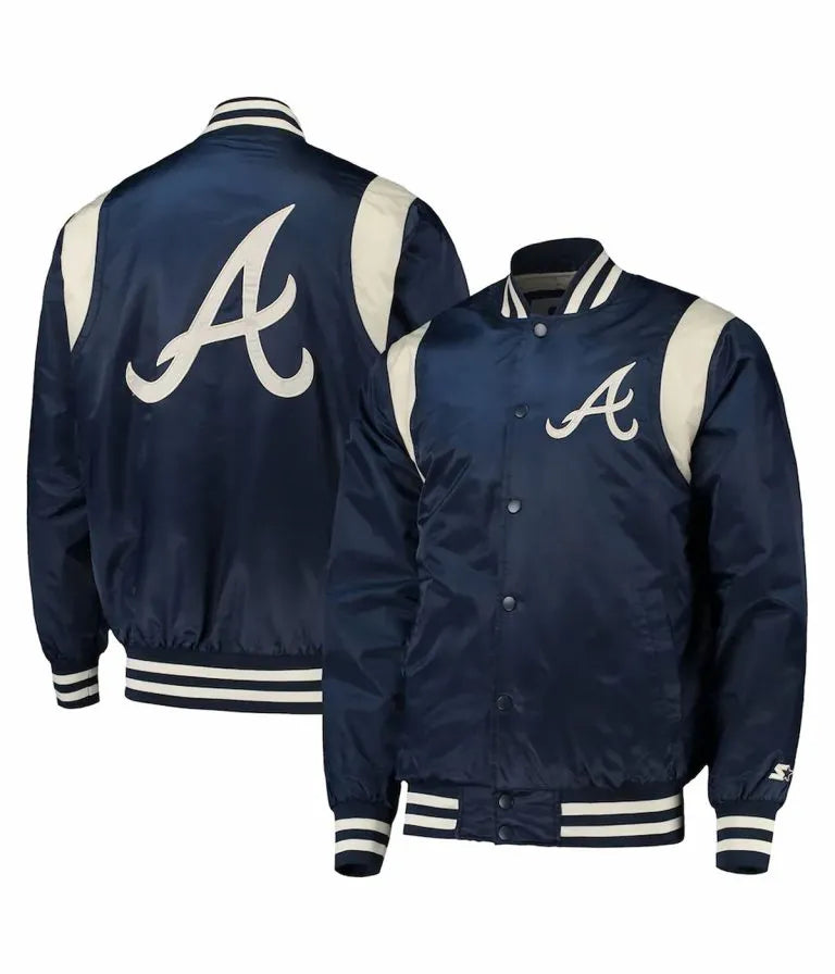 Atlanta Braves Varsity Navy Blue and White Full-Snap Satin Men's Jacket