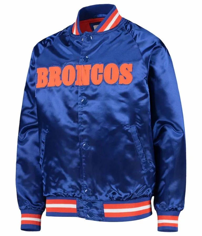 Denver Broncos Full-Snap Varsity Royal Blue Satin Men's Bomber Jacket