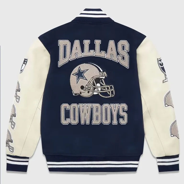 Dallas Cowboys OVO Navy Blue Wool & White Genuine Leather Sleeves Men's Varsity Jacket