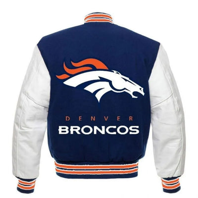 Denver Broncos Blue Wool & White Genuine Leather Sleeves Men's Varsity Jacket
