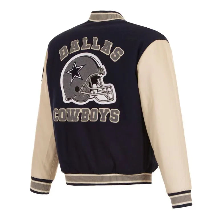 Dallas Cowboys Navy Blue Wool & Cream Genuine Leather Sleeves Men's Varsity Jacket