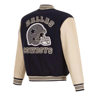 Dallas Cowboys Navy Blue Wool & Cream Genuine Leather Sleeves Men's Varsity Jacket