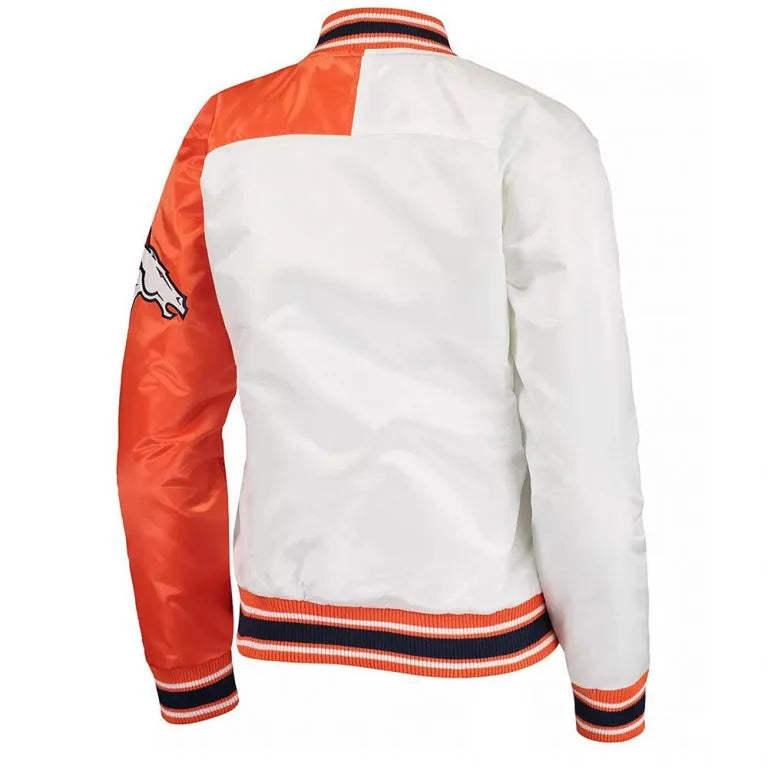 Denver Broncos Hometown Full-Snap Varsity White and Orange Satin Men's Bomber Jacket