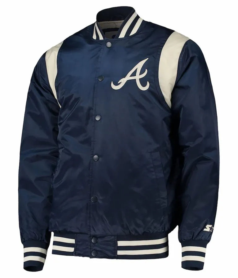 Atlanta Braves Varsity Navy Blue and White Full-Snap Satin Men's Jacket