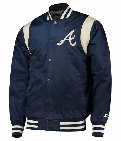 Atlanta Braves Varsity Navy Blue and White Full-Snap Satin Men's Jacket