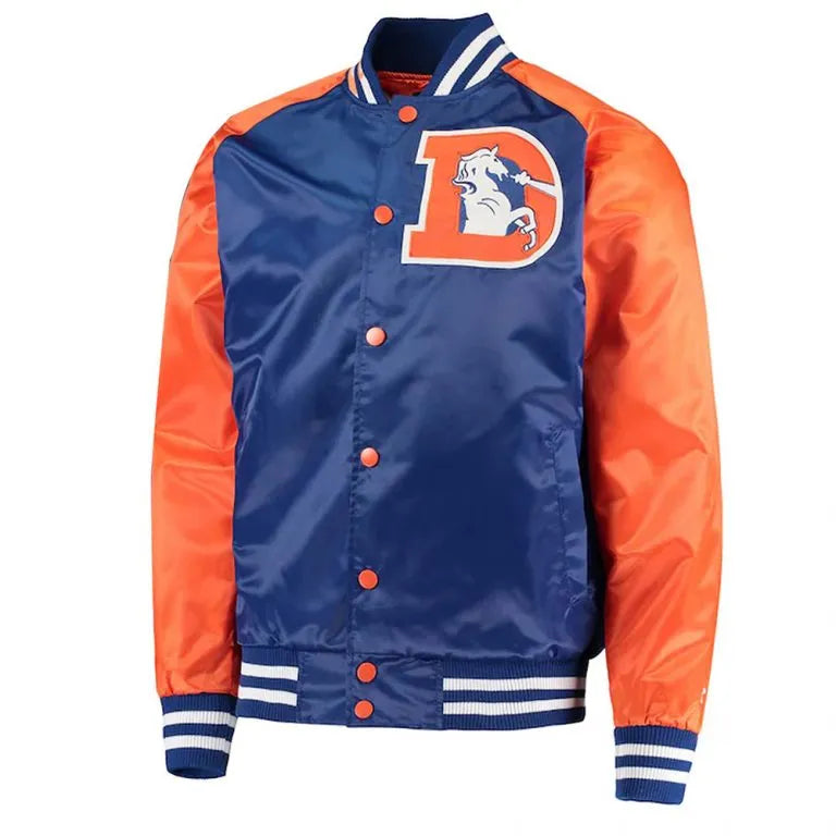 Denver Broncos Lead-Off Full-Snap Varsity Orange/Royal Blue Satin Men's Bomber Jacket