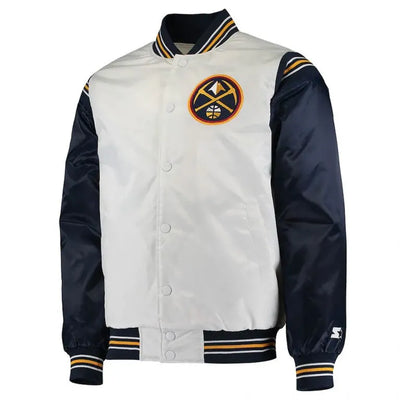 Denver Broncos Renegade Full-Snap Varsity White/Navy Satin Men's Bomber Jacket
