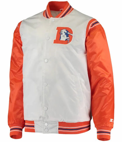 Denver Broncos Full-Snap Varsity White and Orange Satin Men's Bomber Jacket