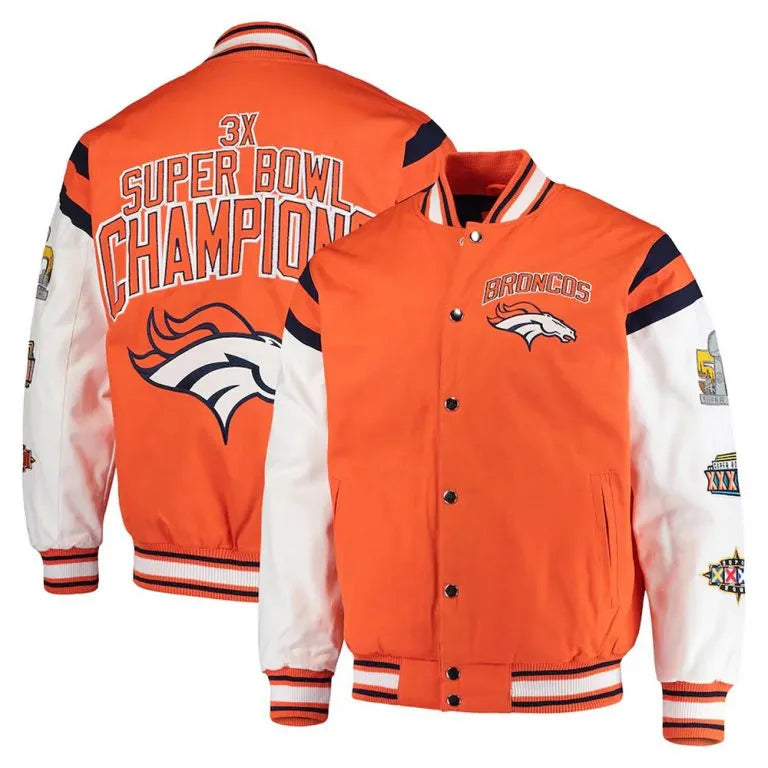 Denver Broncos Home Team Full-Snap Varsity Orange and White Satin Men's Bomber Jacket