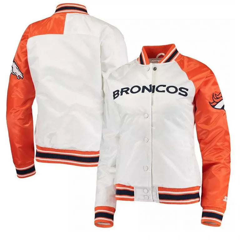 Denver Broncos Hometown Full-Snap Varsity White and Orange Satin Men's Bomber Jacket