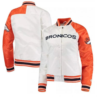 Denver Broncos Hometown Full-Snap Varsity White and Orange Satin Men's Bomber Jacket