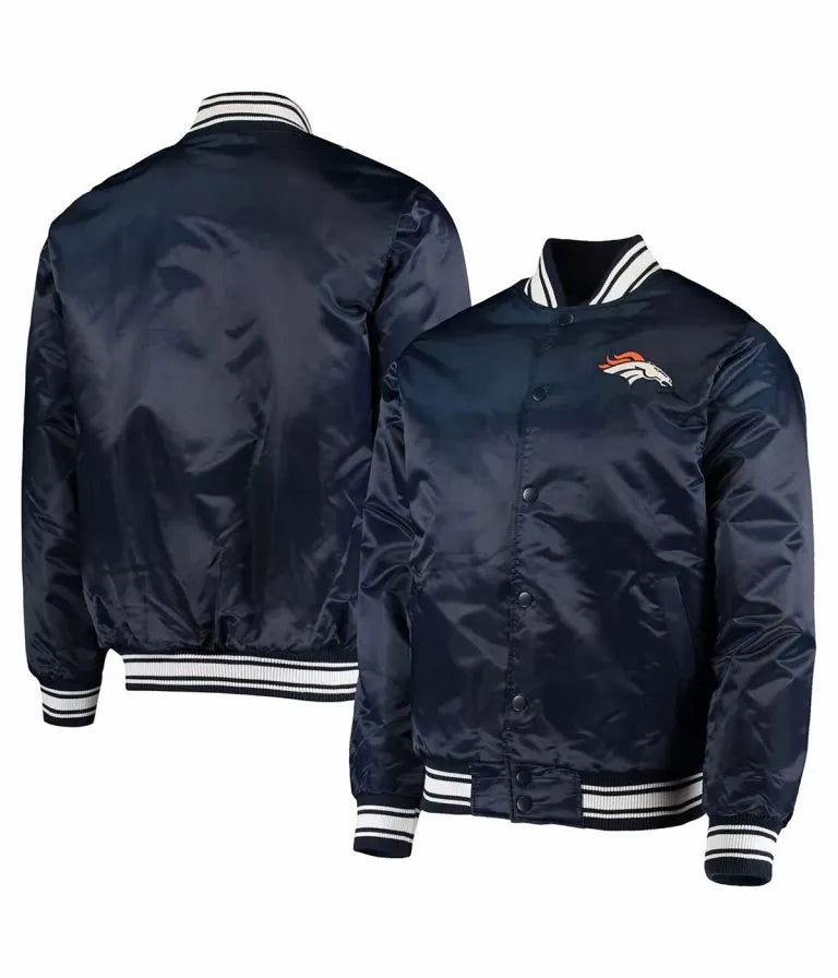 Denver Broncos Locker Room Full-Snap Varsity Navy Blue Satin Men's Bomber Jacket