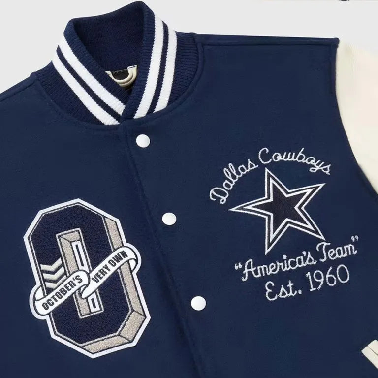 Dallas Cowboys OVO Navy Blue Wool & White Genuine Leather Sleeves Men's Varsity Jacket