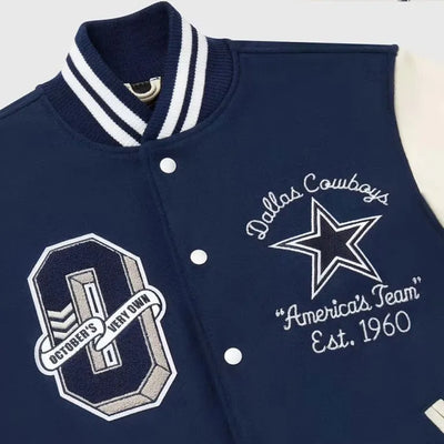 Dallas Cowboys OVO Navy Blue Wool & White Genuine Leather Sleeves Men's Varsity Jacket