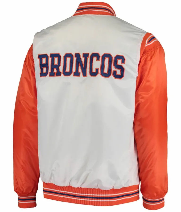 Denver Broncos Full-Snap Varsity White and Orange Satin Men's Bomber Jacket