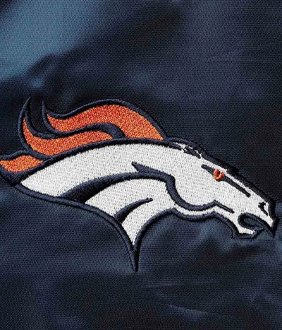 Denver Broncos Locker Room Full-Snap Varsity Navy Blue Satin Men's Bomber Jacket