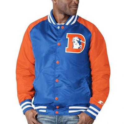 Denver Broncos Lead-Off Full-Snap Varsity Orange/Royal Blue Satin Men's Bomber Jacket