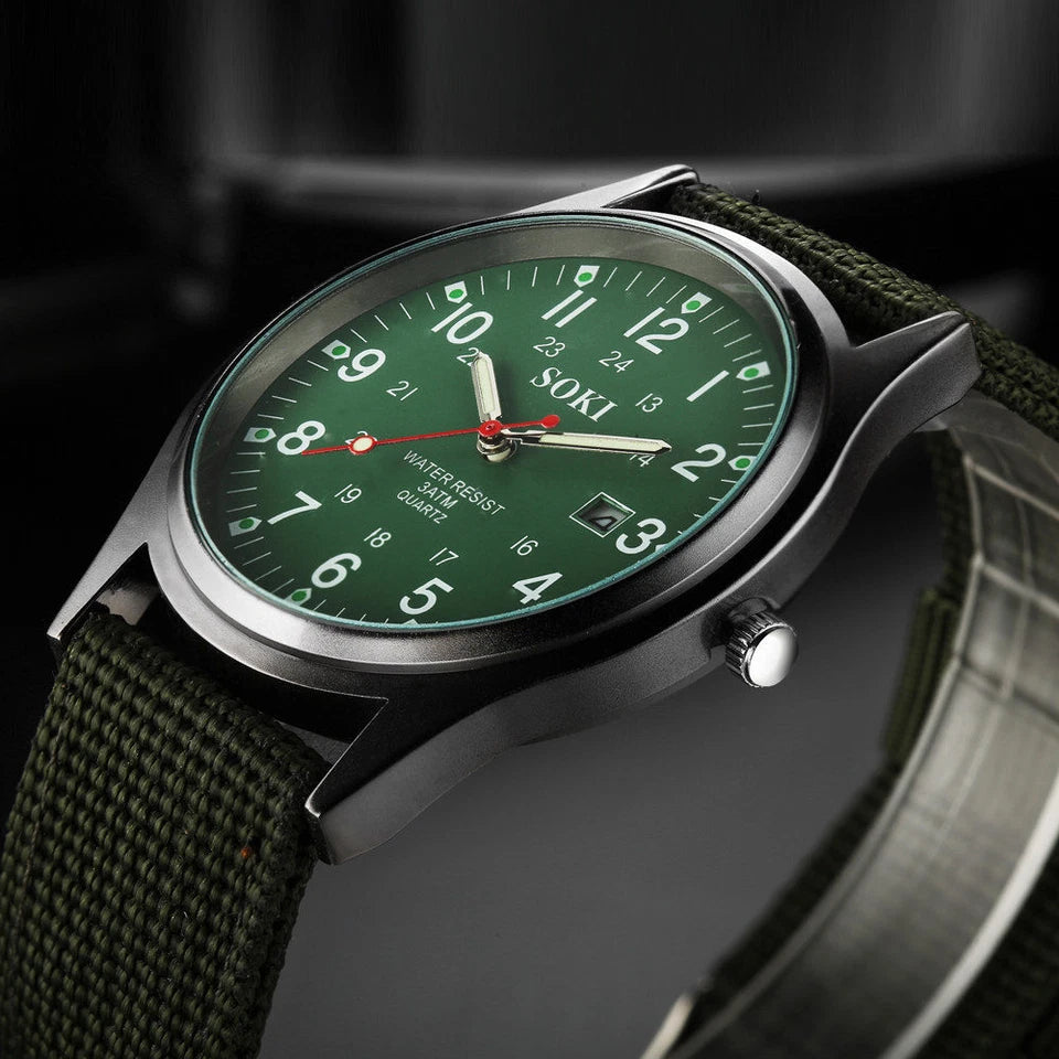 Men's Military Army Luminous 24 Hours Dial Nylon Strap Date Quartz Wrist Watch