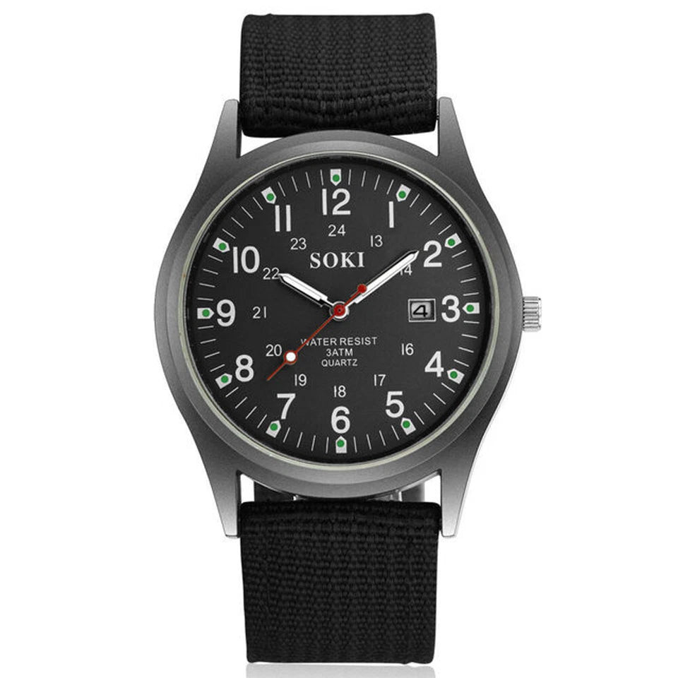 Men's Military Army Luminous 24 Hours Dial Nylon Strap Date Quartz Wrist Watch
